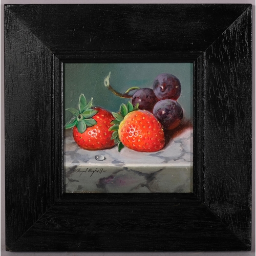 661 - Raymond Campbell, strawberries on a marble table, oil on board, signed, 13cm x 13cm, framed