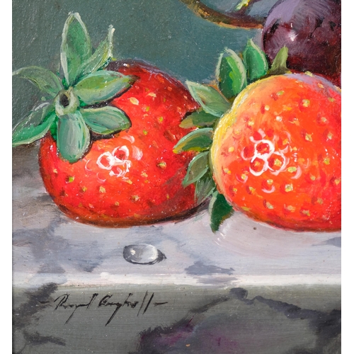 661 - Raymond Campbell, strawberries on a marble table, oil on board, signed, 13cm x 13cm, framed