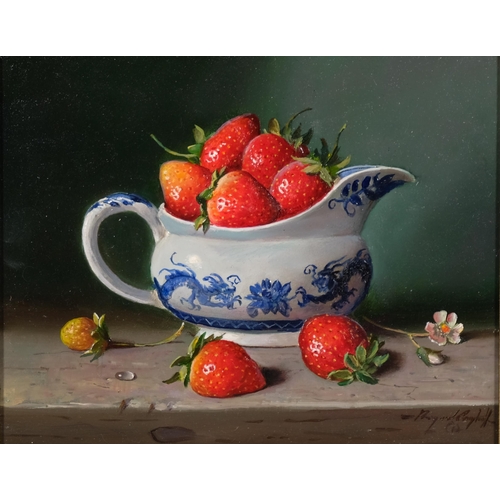 662 - Raymond Campbell, china with strawberries, oil on board, signed, 20cm x 25cm, framed. ARR