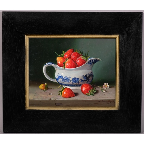 662 - Raymond Campbell, china with strawberries, oil on board, signed, 20cm x 25cm, framed. ARR