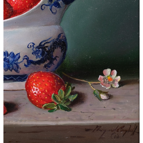 662 - Raymond Campbell, china with strawberries, oil on board, signed, 20cm x 25cm, framed. ARR