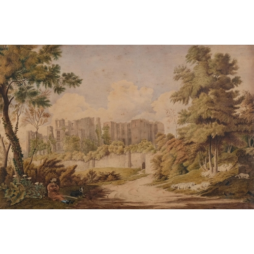 666 - Man and dog near castle ruins, 18th/19th century watercolour, unsigned, 27cm x 40cm, framed