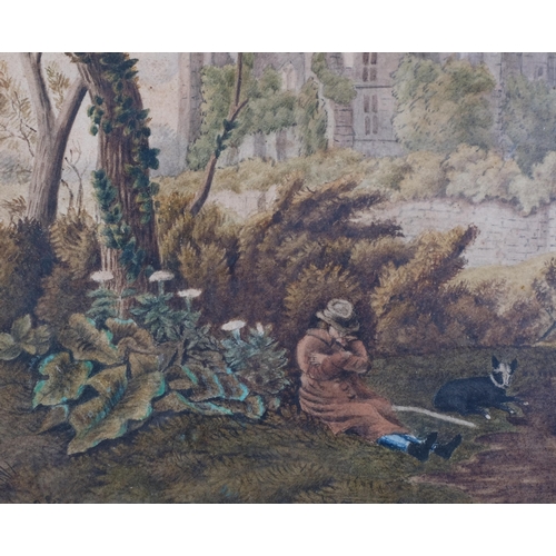 666 - Man and dog near castle ruins, 18th/19th century watercolour, unsigned, 27cm x 40cm, framed