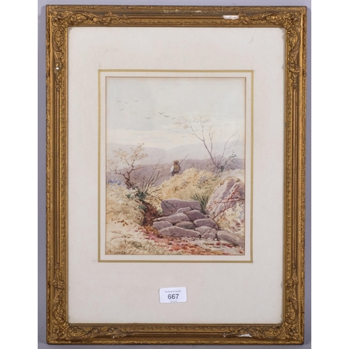 667 - H Clements, man with rifle, watercolour, signed, 25cm x 20cm, framed