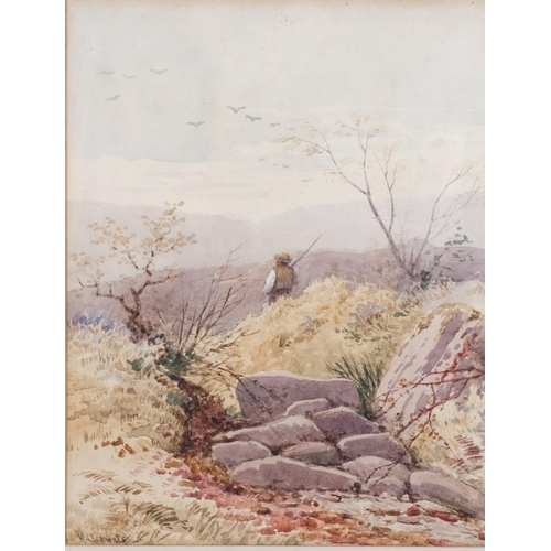 667 - H Clements, man with rifle, watercolour, signed, 25cm x 20cm, framed