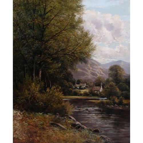 671 - E Foster, angling on the Dee North Wales 1886, oil on canvas, signed, 77cm x 63cm, framed