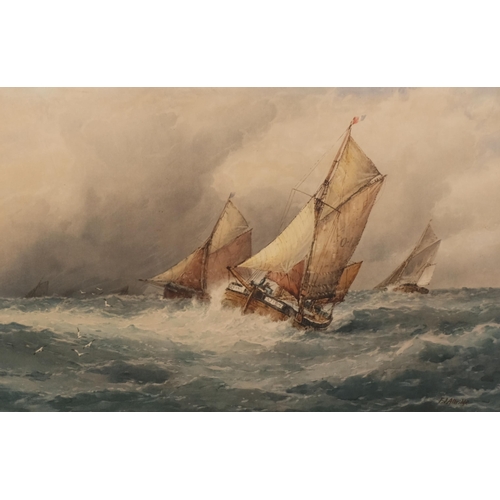 672 - WITHDRAWN  - Frederick James Aldridge, fishing fleet on stormy seas, watercolour, signed, 36cm x 54c... 