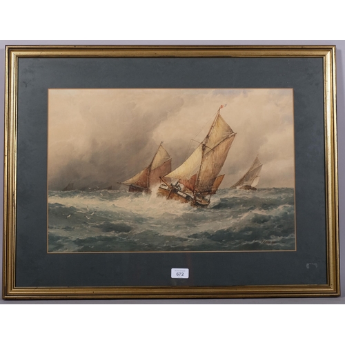 672 - WITHDRAWN  - Frederick James Aldridge, fishing fleet on stormy seas, watercolour, signed, 36cm x 54c... 