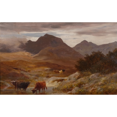 673 - Stephen Hogley (active 1874 - 1893), Highland cattle in the mountains, oil on canvas, signed, 41cm x... 