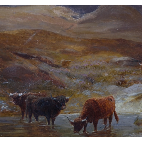 673 - Stephen Hogley (active 1874 - 1893), Highland cattle in the mountains, oil on canvas, signed, 41cm x... 