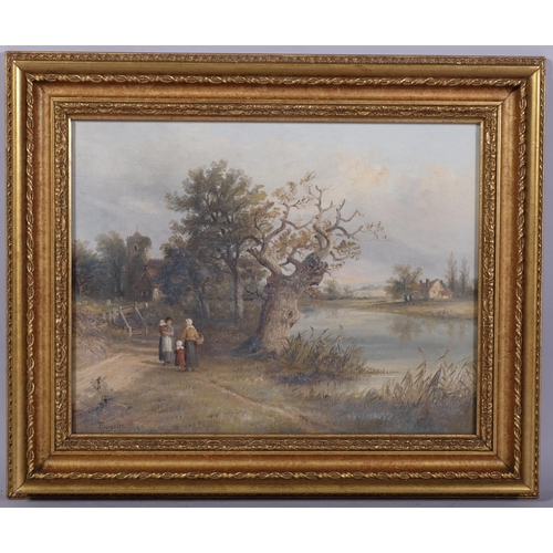 674 - T Smythe, figures on a riverbank, oil on canvas, signed, 36cm x 46cm, framed and glazed