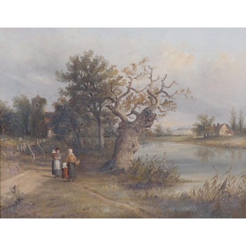 674 - T Smythe, figures on a riverbank, oil on canvas, signed, 36cm x 46cm, framed and glazed