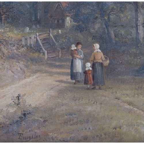 674 - T Smythe, figures on a riverbank, oil on canvas, signed, 36cm x 46cm, framed and glazed