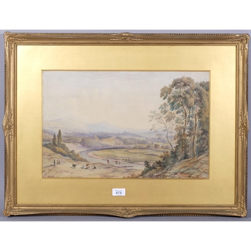 678 - Early 19th century English School, extensive valley landscape, watercolour, unsigned, 31cm x 49cm, f... 