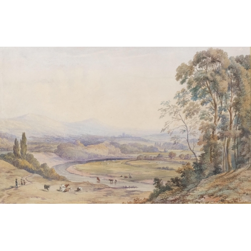 678 - Early 19th century English School, extensive valley landscape, watercolour, unsigned, 31cm x 49cm, f... 