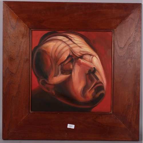 693 - Contemporary surrealist head portrait, oil on canvas, indistinctly signed verso, 45cm x 45cm, framed