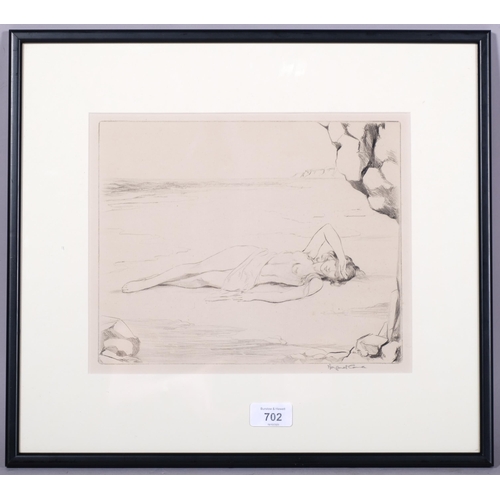 702 - Naked figure at the shore, drypoint etching, indistinctly signed in pencil Margaret C..., image 22cm... 