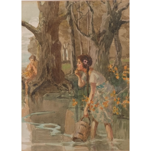 703 - Girl collecting water from a lake, early 20th century watercolour, unsigned, 27cm x 20cm, framed