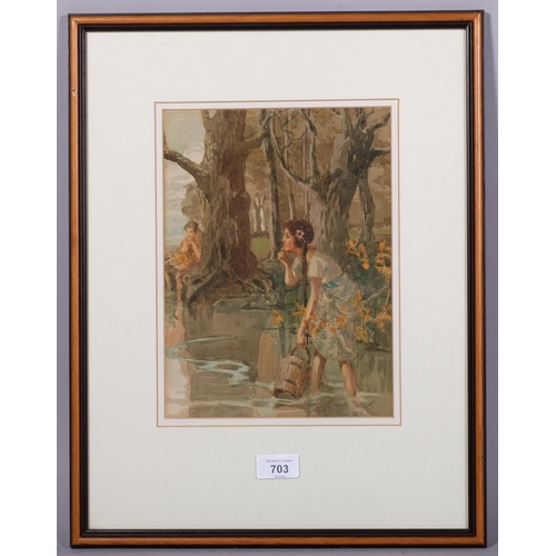 703 - Girl collecting water from a lake, early 20th century watercolour, unsigned, 27cm x 20cm, framed