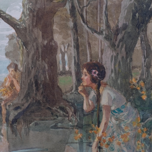 703 - Girl collecting water from a lake, early 20th century watercolour, unsigned, 27cm x 20cm, framed