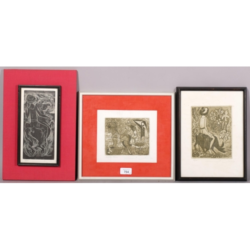 704 - 3 x 20th century surrealist etchings, all indistinctly signed in pencil, largest plate size 12cm x 1... 