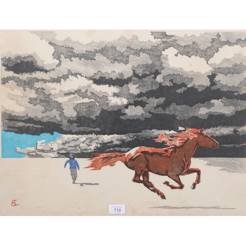 710 - Endo, horse and child, colour woodcut print, signed in pencil 1971, no. 6/10, sheet 45cm x 62cm, fra... 