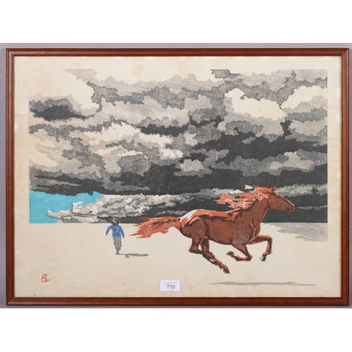 710 - Endo, horse and child, colour woodcut print, signed in pencil 1971, no. 6/10, sheet 45cm x 62cm, fra... 