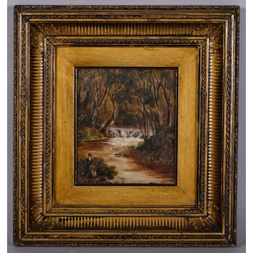 813 - F A Elliott, fisherman by a stream, oil on board, signed, 14cm x 12cm, framed