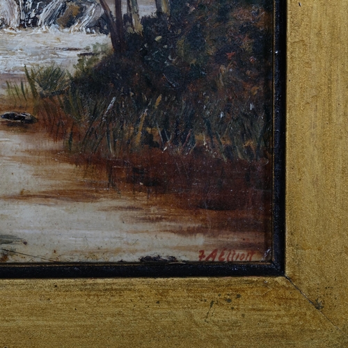 813 - F A Elliott, fisherman by a stream, oil on board, signed, 14cm x 12cm, framed