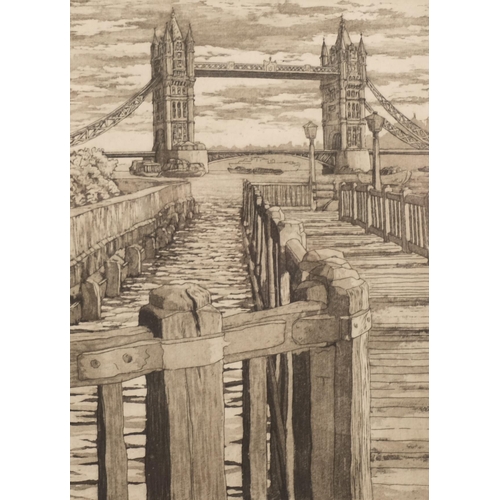 821 - Kevin Wright, Tower Bridge, artist's proof etching, signed in pencil, plate 19cm x 15cm, framed