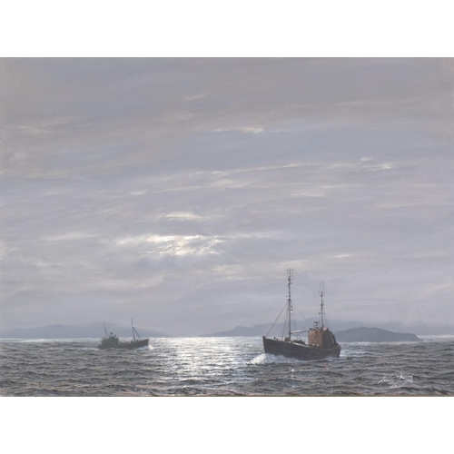 824 - James Alfred Kirby (1917 - 1999), trawlers by moonlight, oil on board, signed, 44cm x 60cm, framed