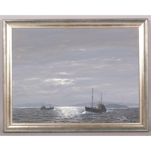 824 - James Alfred Kirby (1917 - 1999), trawlers by moonlight, oil on board, signed, 44cm x 60cm, framed