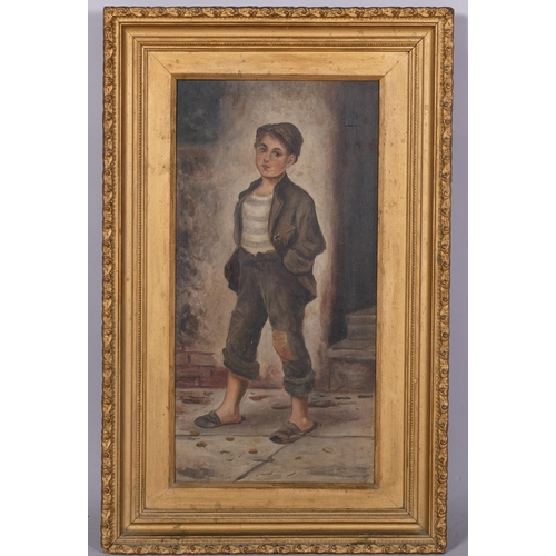 830 - 19th century portrait of a street urchin, oil on canvas, unsigned, 51cm x 25cm, framed