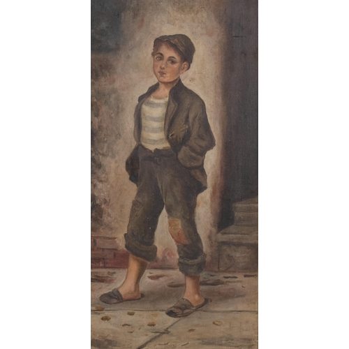 830 - 19th century portrait of a street urchin, oil on canvas, unsigned, 51cm x 25cm, framed