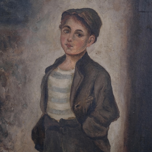 830 - 19th century portrait of a street urchin, oil on canvas, unsigned, 51cm x 25cm, framed