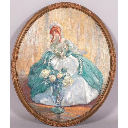 831 - Alfred Palmer (1877 - 1951), green lady and roses, oil on board, 60cm x 48cm, framed