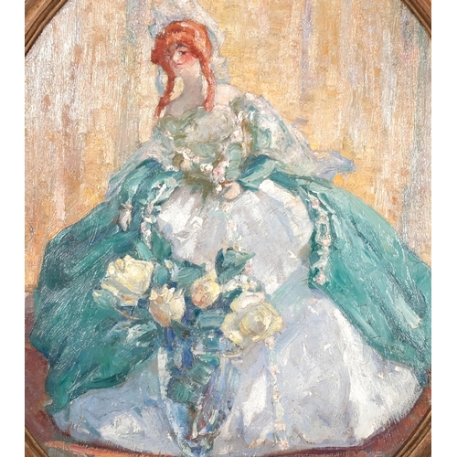 831 - Alfred Palmer (1877 - 1951), green lady and roses, oil on board, 60cm x 48cm, framed