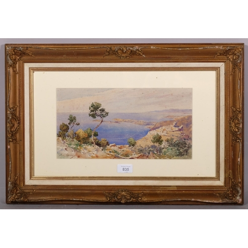 835 - E Lessieux, view of Menton, watercolour, signed, 17cm x 33cm, framed