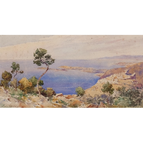 835 - E Lessieux, view of Menton, watercolour, signed, 17cm x 33cm, framed