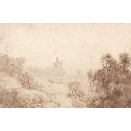 842 - Circle of JMW Turner, Blaize Castle near Bristol, monochrome watercolour, unsigned, several old labe... 