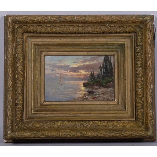 844 - Late 19th/early 20th century oil on wood panel, sunset coastal view, indistinctly signed, 14cm x 20c... 