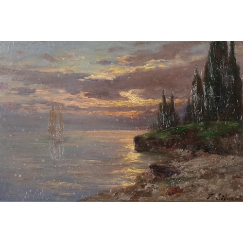 844 - Late 19th/early 20th century oil on wood panel, sunset coastal view, indistinctly signed, 14cm x 20c... 