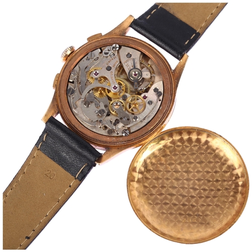 1008 - DELBANA - a Swiss 18ct gold mechanical chronograph wristwatch, circa 1950s, rose champagne dial with... 