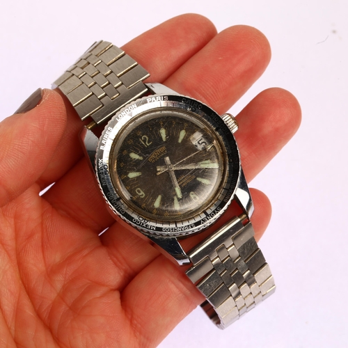 1034 - STENTOR - a stainless steel GMT Worldtimer diver style mechanical bracelet watch, circa 1970s, black... 