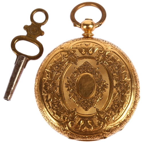 1052 - A Swiss 18ct gold open-face key-wind slimline fob watch, floral engraved gilt dial with Roman numera... 