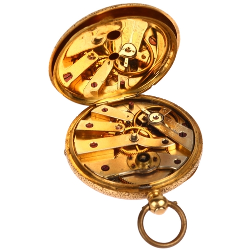 1052 - A Swiss 18ct gold open-face key-wind slimline fob watch, floral engraved gilt dial with Roman numera... 