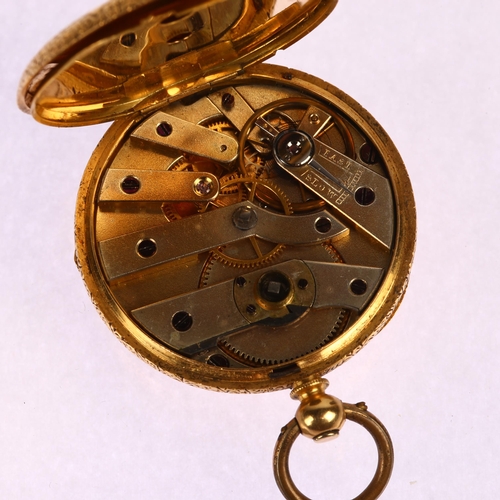 1052 - A Swiss 18ct gold open-face key-wind slimline fob watch, floral engraved gilt dial with Roman numera... 