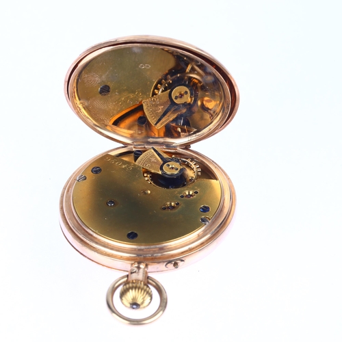 1053 - An early 20th century 9ct rose gold half hunter keyless side-wind pocket watch, white enamel dial wi... 