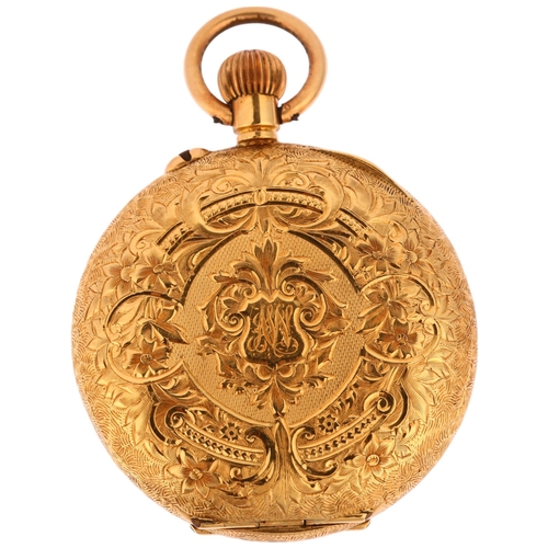 1054 - A Swiss 18ct gold open-face keyless fob watch, floral engraved gilt dial with Arabic numerals, blued... 