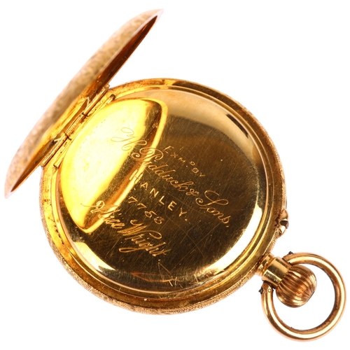 1054 - A Swiss 18ct gold open-face keyless fob watch, floral engraved gilt dial with Arabic numerals, blued... 